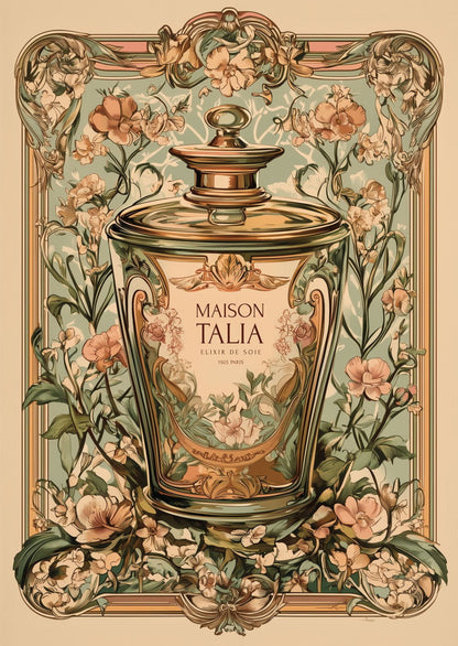 Affiche Art déco 1930 représentant un flacon de parfum rétro bordé par des motifs floraux.