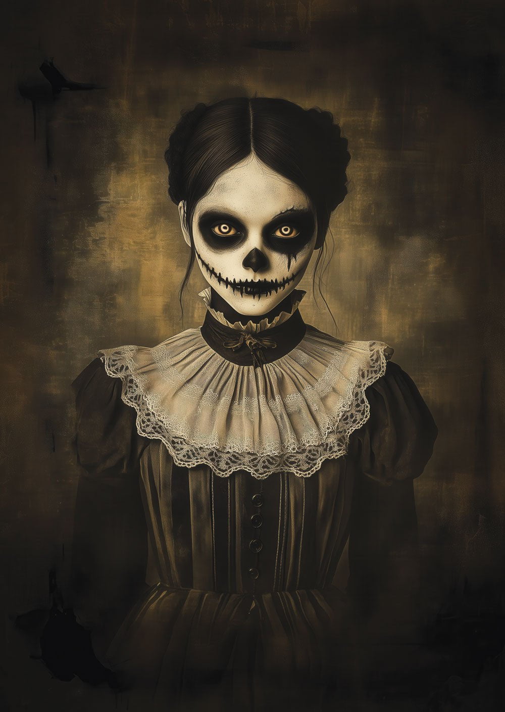 Une affiche décoration pour cabinet de curiosités d'un portrait d'une fantôme, en robe victorienne en noir et sépia.