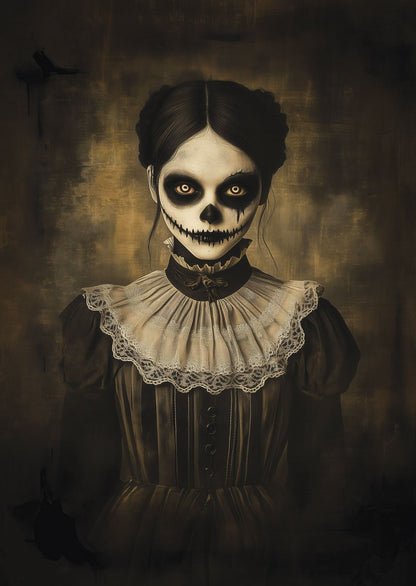Une affiche décoration pour cabinet de curiosités d'un portrait d'une fantôme, en robe victorienne en noir et sépia.