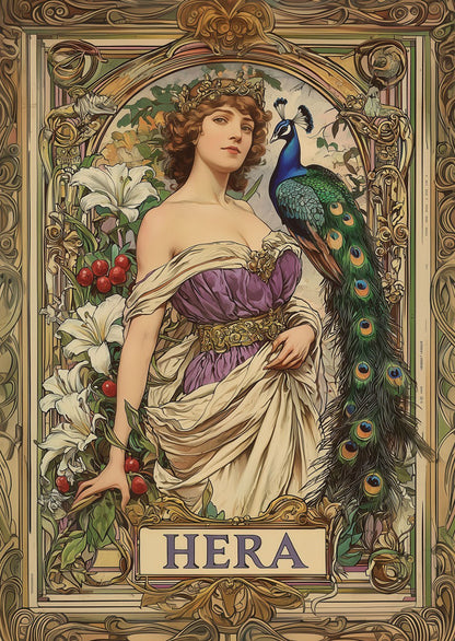Affiche art déco 1930 du portrait d'Hera avec un paon dans le style d'alfons Mucha.