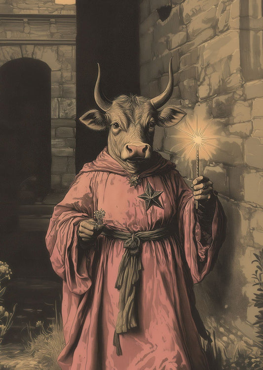 Affiche décoration cabinet de curiosités, d'une gravure d'un moine à tête de vache en robe rose.