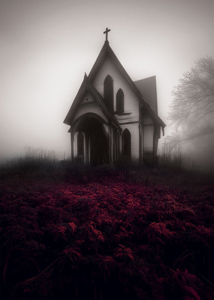 Affiche de décoration cabinet de curiosités, d'une photo de chapelle dans un champ de fleur rouge