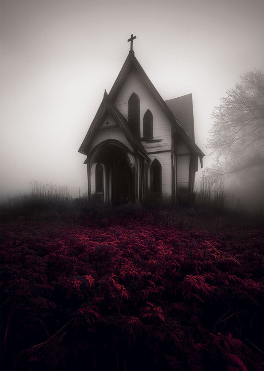 Affiche de décoration cabinet de curiosités, d'une photo de chapelle dans un champ de fleur rouge