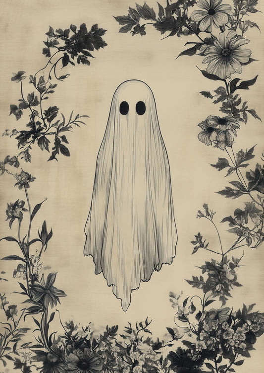 Affiche décoration pour cabinet de curiosités d'un fantôme entouré de fleur en noir et blanc sur vieux papier.