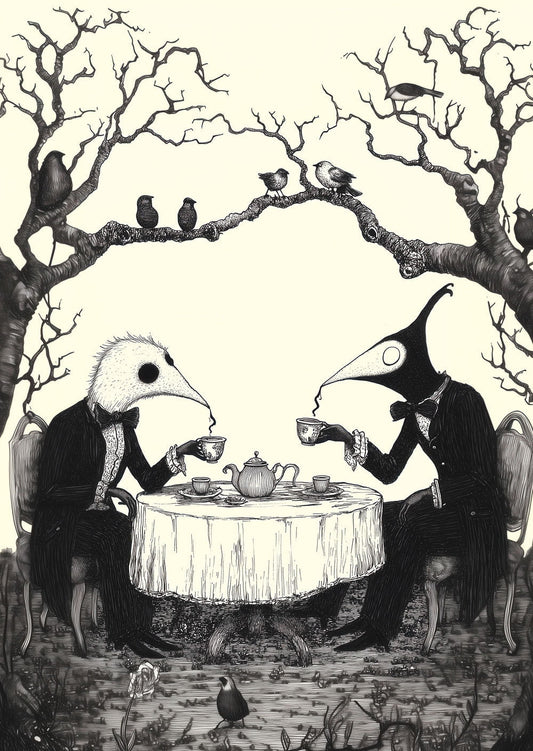 Affiche décoration cabinet de curiosités, d'une illustration de deux humanoïdes oiseau qui boivent le thé.