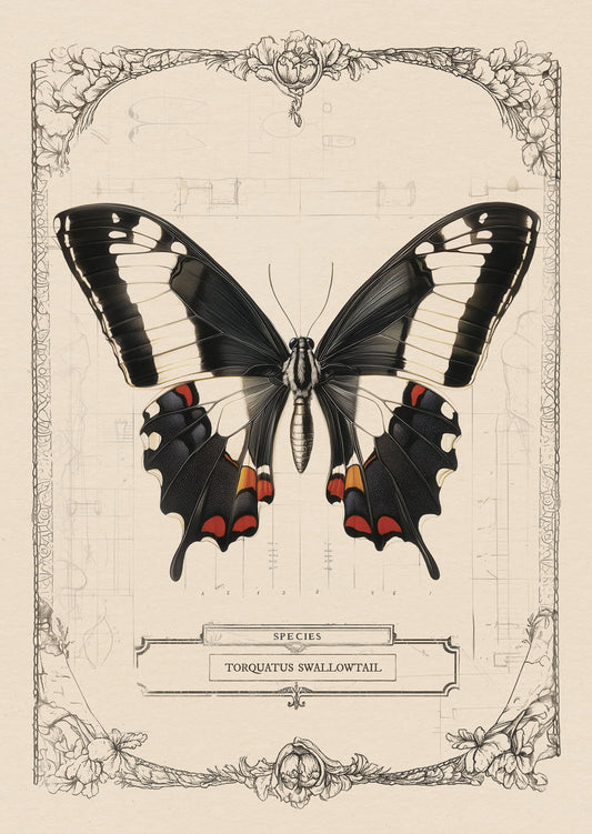 planche naturaliste d'une affiche de papillon représentant un torquatus sur un vieux papier.