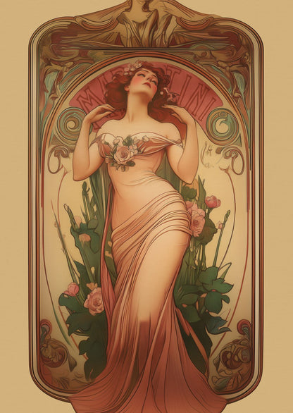 Affiche art déco 1930 représentant une femme dans une publicité pour le martini, sur fond beige.