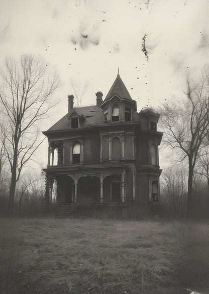 Une affiche de Décoration cabinet de curiosités, d'une photo d'une maison victorienne en noir et blanc