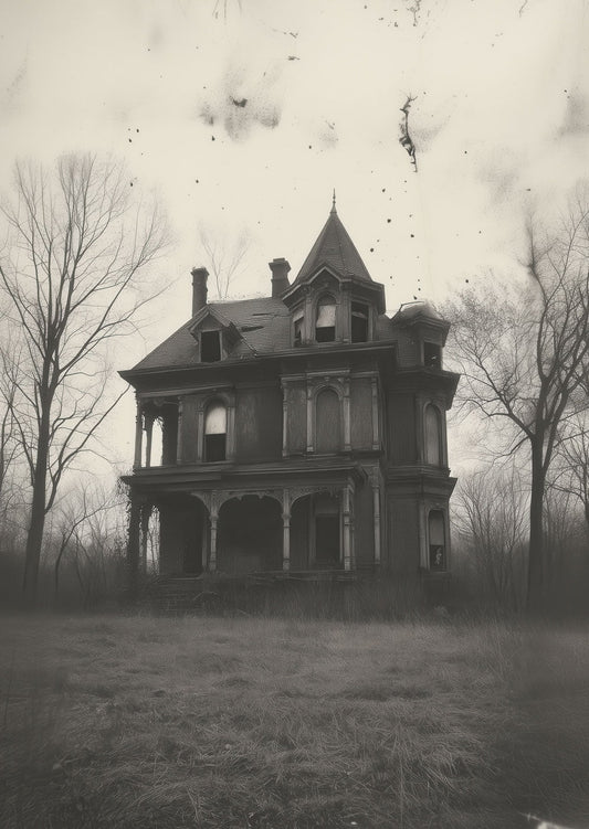 Une affiche de Décoration cabinet de curiosités, d'une photo d'une maison victorienne en noir et blanc