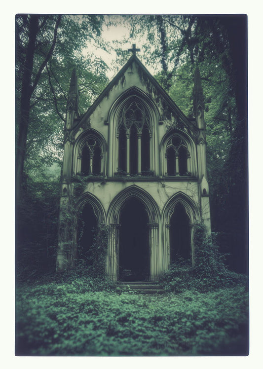 Décoration cabinet de curiosités d'une affiche photo d'une chapelle gothique abandonnée en forêt
