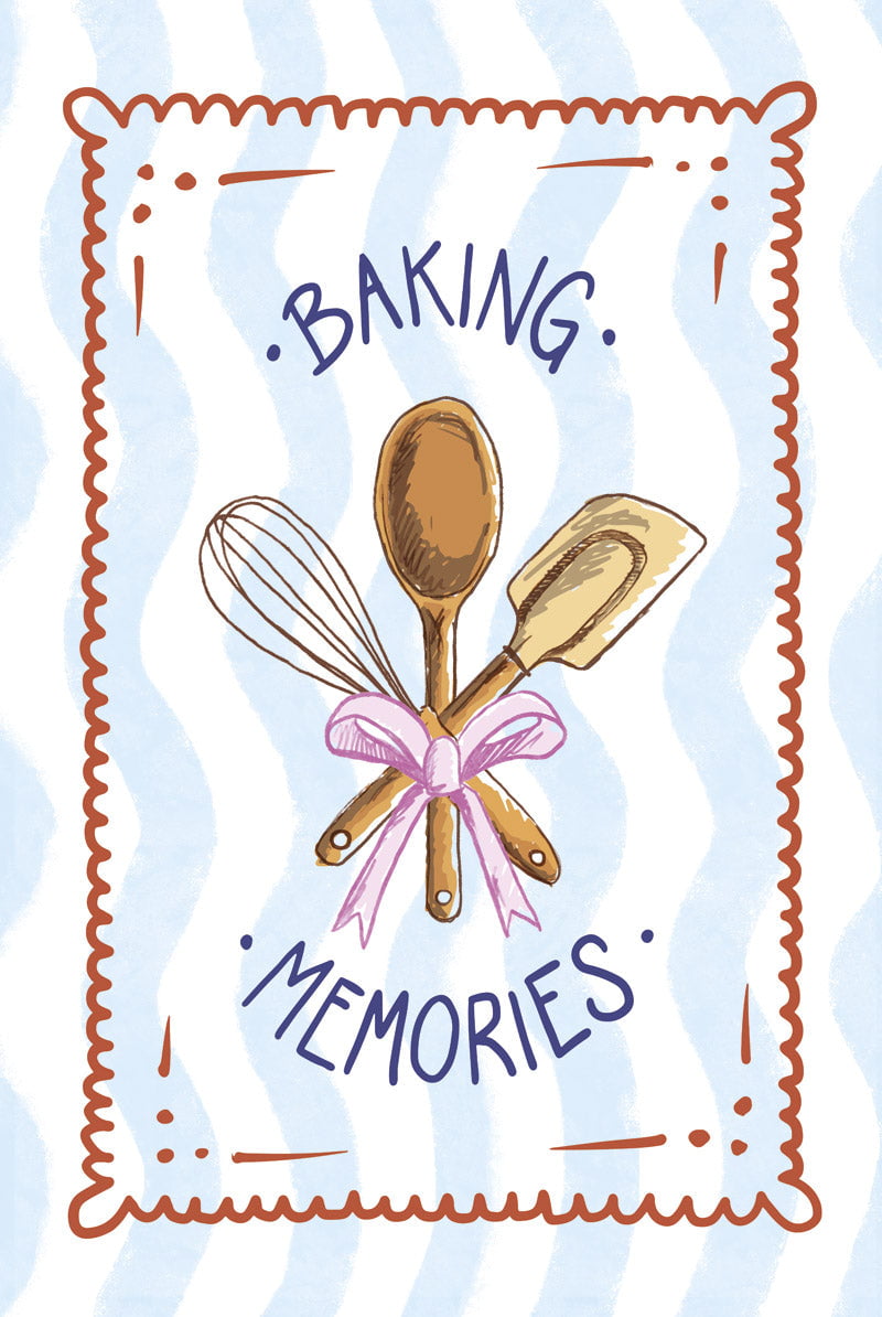 Affiche cuisine en format 40x60 cm représentant des ustentiles à patisserie sur fond bleu et blanc