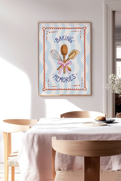 Affiche illustration cuisine "baking memories" encadrée sur un mur dans un cuisine