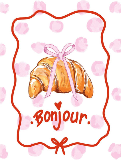 Poster cuisine Bonjour croissant sur fond blanc et tache léopard en format 30x40cm