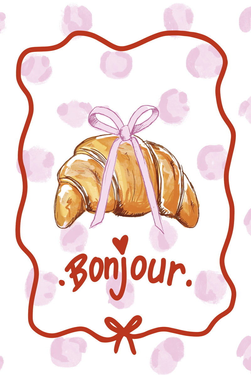 Affiche illustration bonjour croissant sur fond léopard rose en format 40x60cm