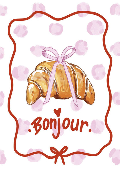 Affiche cuisine croissant coquette sur fond léopard rose, bordure et typo rouge "bonjour"