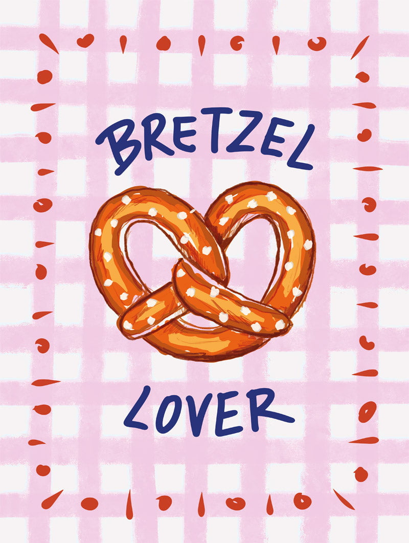 Affiche illustration brunch d'un bretzel avec typo bleue et fond vichy en taille 40x60cm