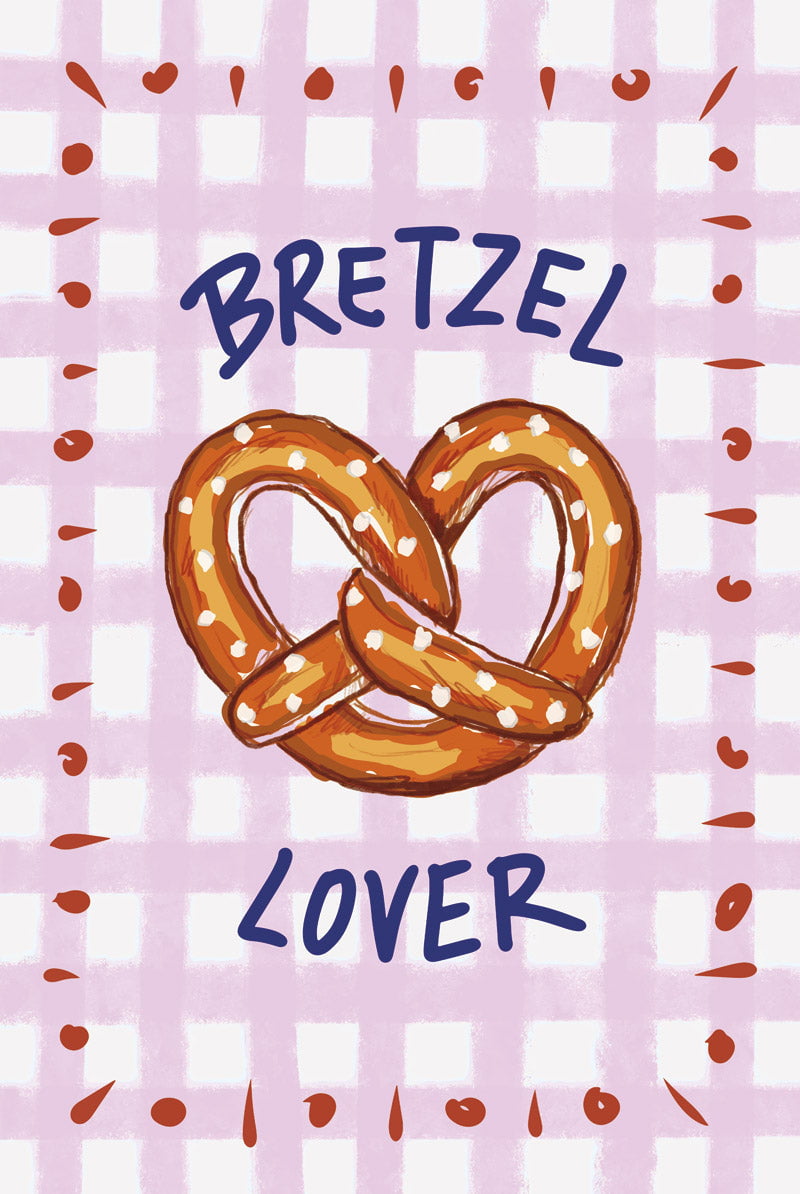 Affiche illustration bretzel lover, fond vichy rose et point rouge en taille 40x60cm