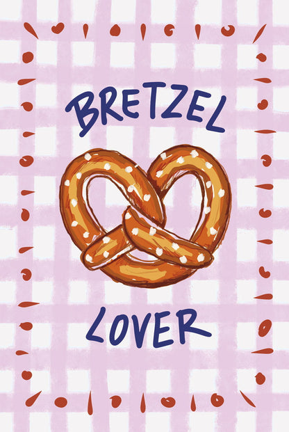 Affiche illustration bretzel lover, fond vichy rose et point rouge en taille 40x60cm