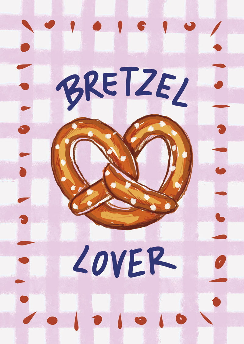 Affiche cuisine représentant un bretzel dessiné à la main sur fond vichy rose et point rouge