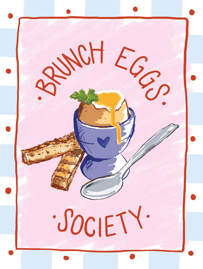 Poster illustration brunch eggs society sur fond rose et cadre bleu en format 30x40cm