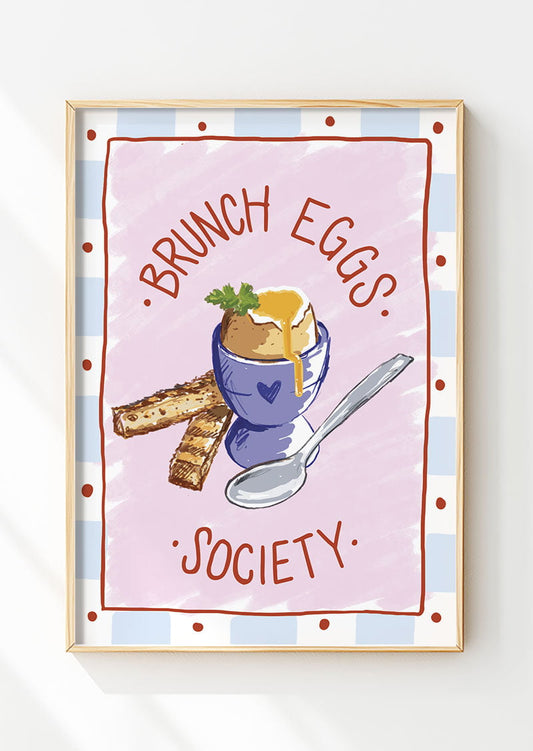 affiche cuisine oeuf à la coque "brunch eggs society" encadrée dans un cadre en bois