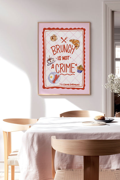 Affiche cuisine illustrant des éléments de brunch et typo rouge encadrée sur le mur d'une cuisine