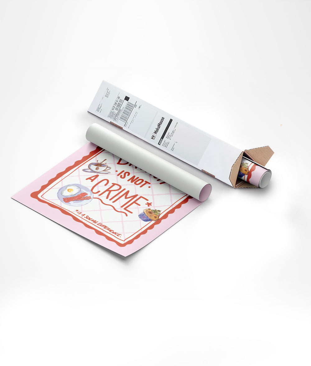 Emballage du poster illustration brunch  roulé sur tube et mis dans un carton triangulaire