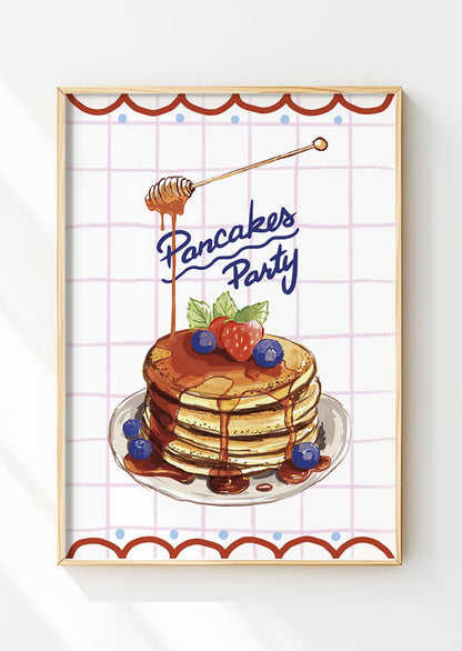 affiche cuisine dessin de pancakes au fruits et miel dans un cadre en bois