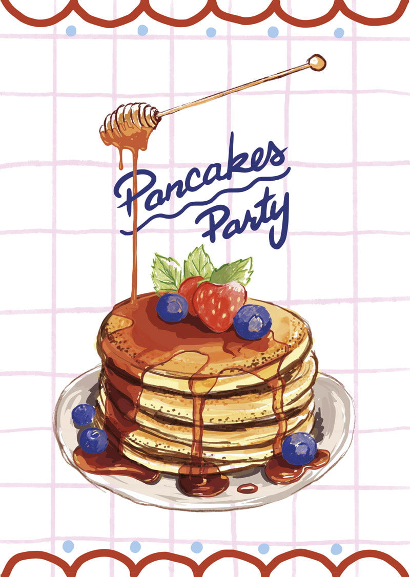 affiche cuisine dessin de pancakes au fruits et miel "pancakes party" sur fond quadrillé rose 