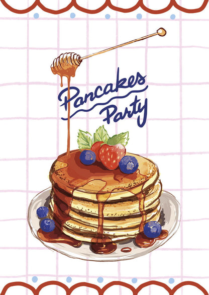 affiche cuisine dessin de pancakes au fruits et miel "pancakes party" sur fond quadrillé rose 