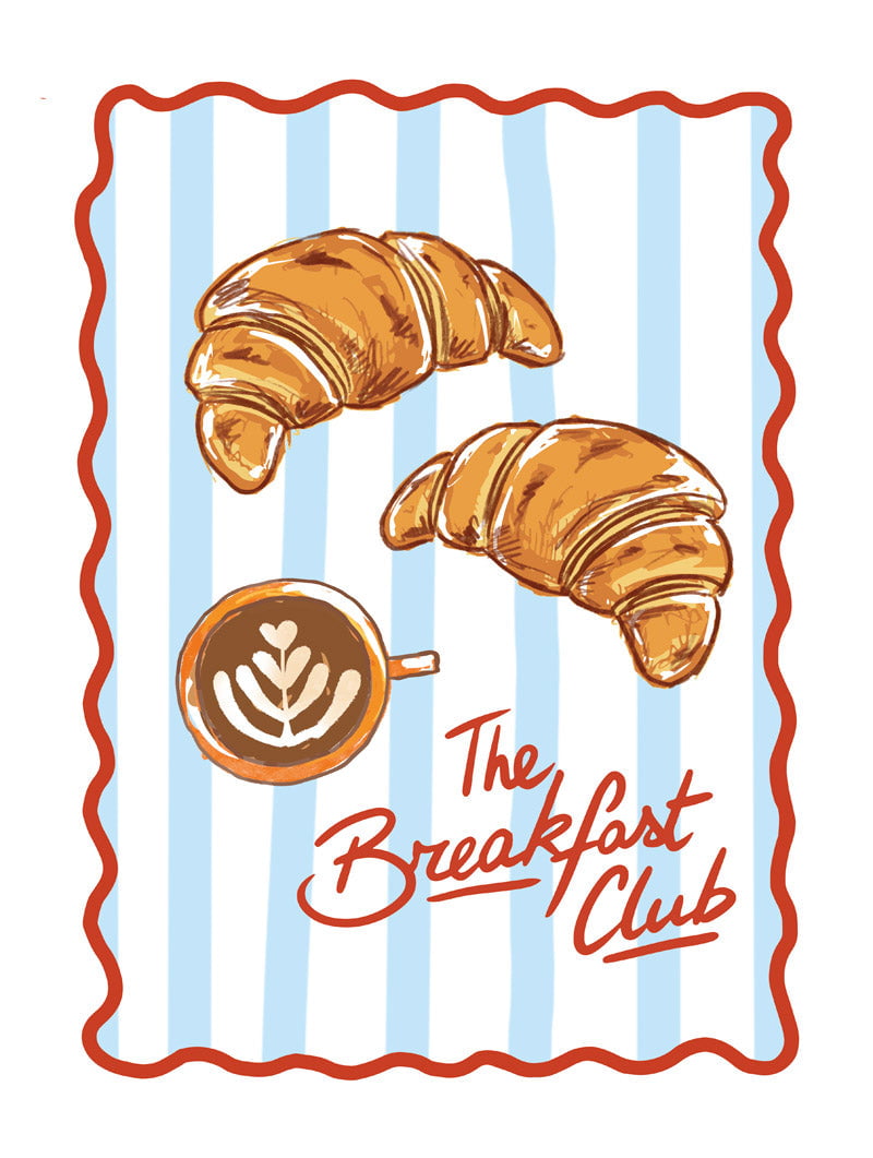 Format 30x40cm du poster cuisine "the breakfast club" représentant des croissants 