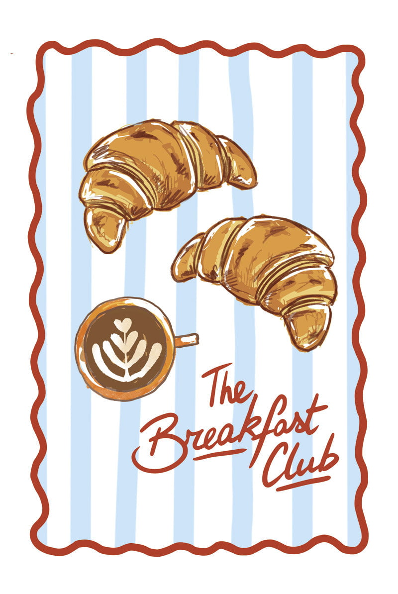 Format 40x60cm du poster cuisine brunch croissant et café latte sur fond bleu et blanc