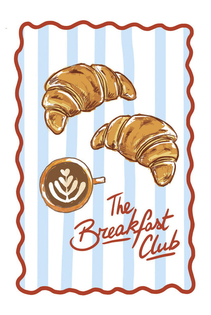 Format 40x60cm du poster cuisine brunch croissant et café latte sur fond bleu et blanc