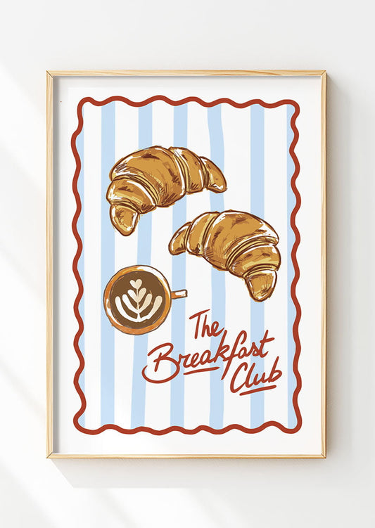 Affiche cuisine "the breakfast club" de deux croissants et un café dans un cadre en bois