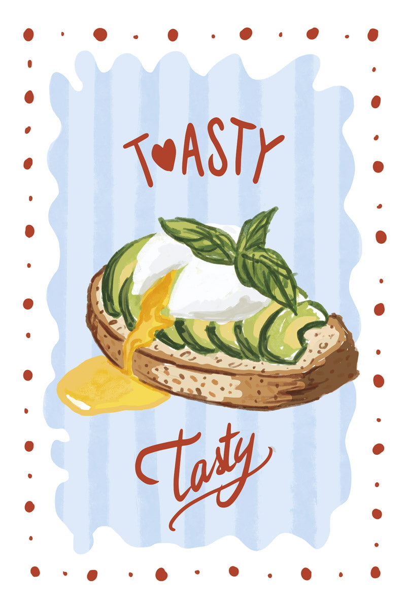 Affiche illustration "toasty tasty" représentant une tartine d'avocat en format 40x60cm
