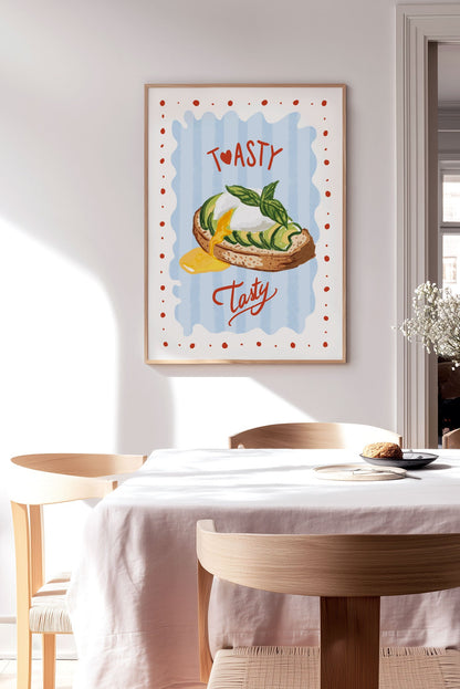 affiche cuisine avocado toast sur fond bleu rayé mis en situation sur le mur d'une cuisine