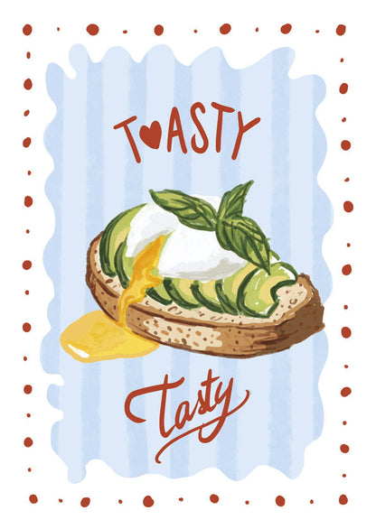 Affiche cuisine représentant un toast d'avocat et oeuf sur fond rayé bleu clair et point rouge