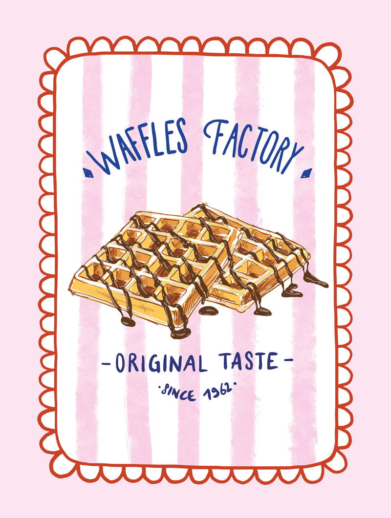 Poster cuisine vintage illustrant des gaufres avec texte bleu en format 30x40cm