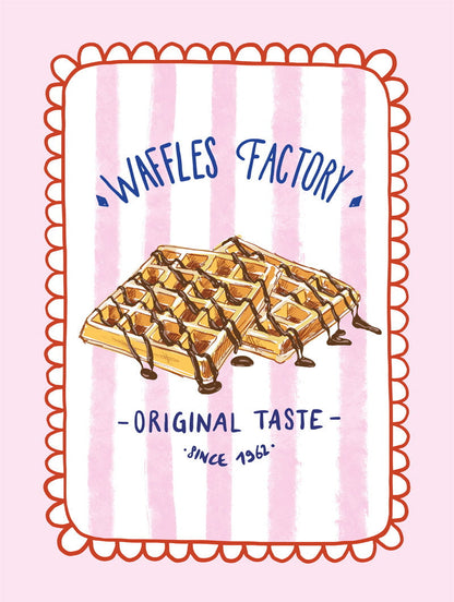 Poster cuisine vintage illustrant des gaufres avec texte bleu en format 30x40cm