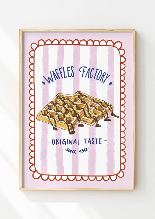 Affiche cuisine vintage gaufres au chocolat sur fond rayé rose dans un cadre en bois