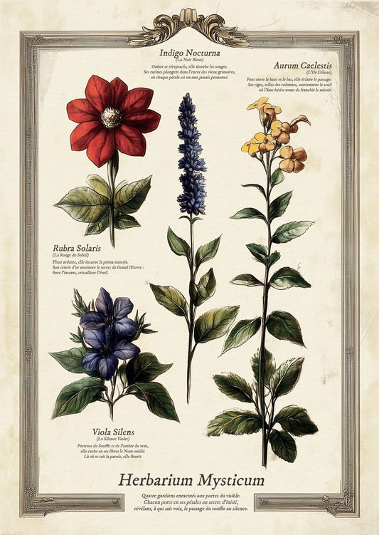 planche botanique ancienne représentant quatre plantes avec annotations pour cabinet de curiosités.