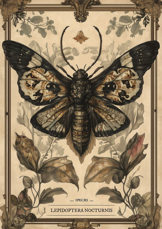 Planche naturaliste pour décoration cabinet de curiosités d'une illustration de papillon noir sur fond crème.