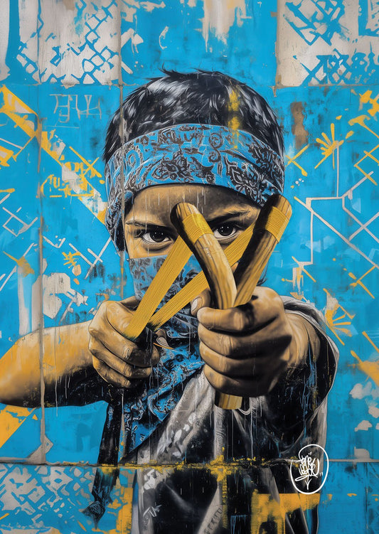 Affiche Street-Art inspirée de Obey représentant un enfant avec un bandana et un lance-pierre.