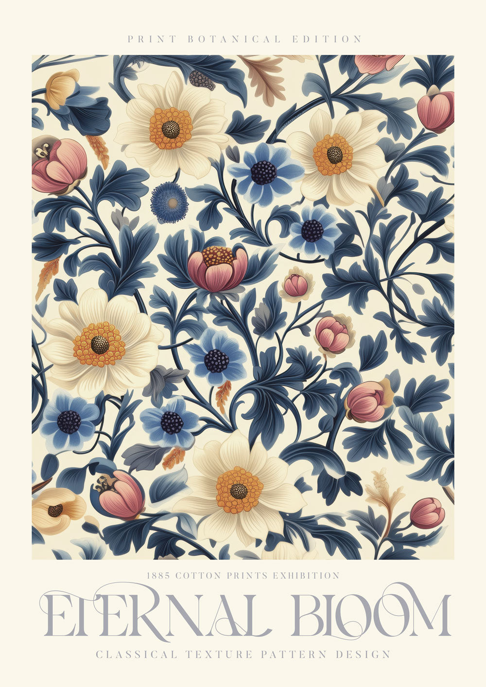 Affiche murale William Morris de fleurs blanches, bleues et roses sur un fond crème avec le titre "Eternal Bloom".