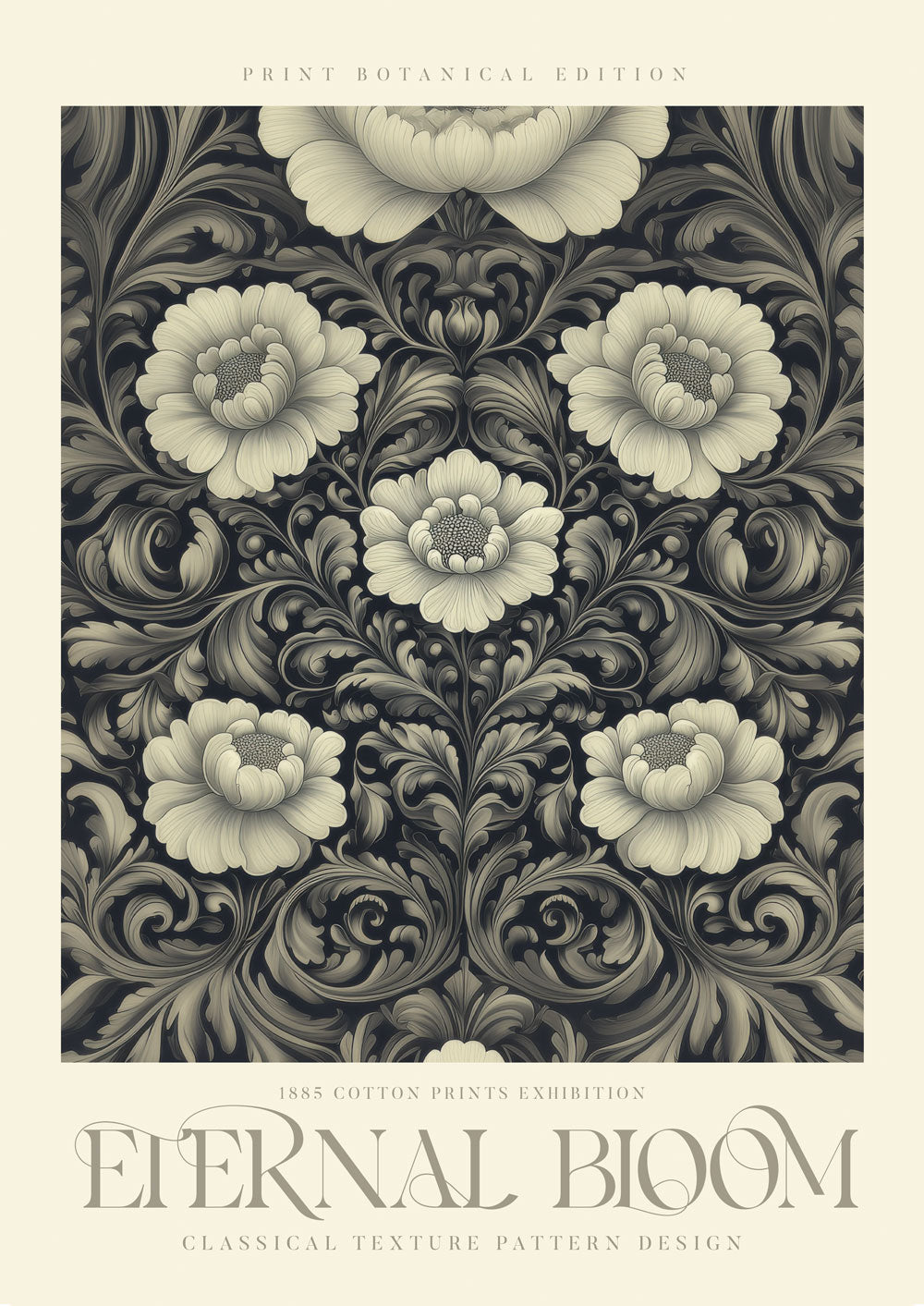 Affiche murale Williams Morris de fleurs écrues, sur un fond noir avec le texte "eternal bloom".