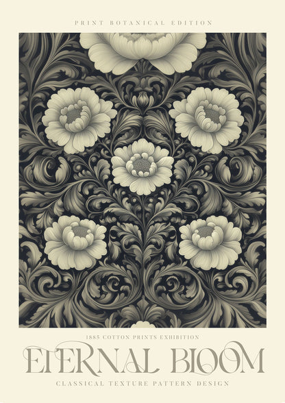 Affiche murale Williams Morris de fleurs écrues, sur un fond noir avec le texte "eternal bloom".