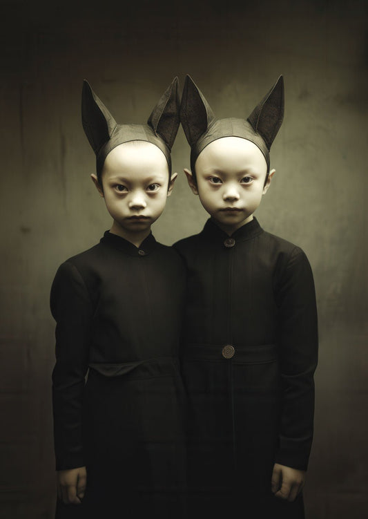 Affiche décoration cabinet de curiosités représentant une photo sépia de 2 enfants siamois avec un bonnet de lapin.