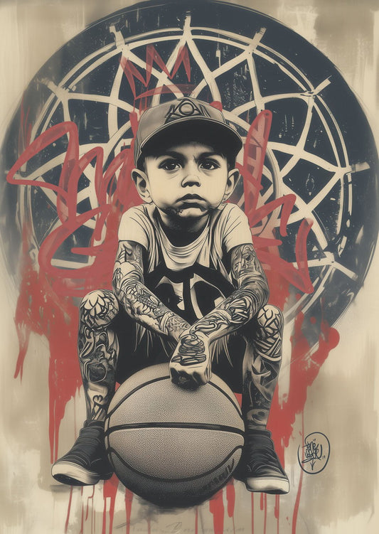 Affiche Street-Art d'un enfant tatoué posé sur un ballon de basket-ball, au couleur beige rouge et noir.