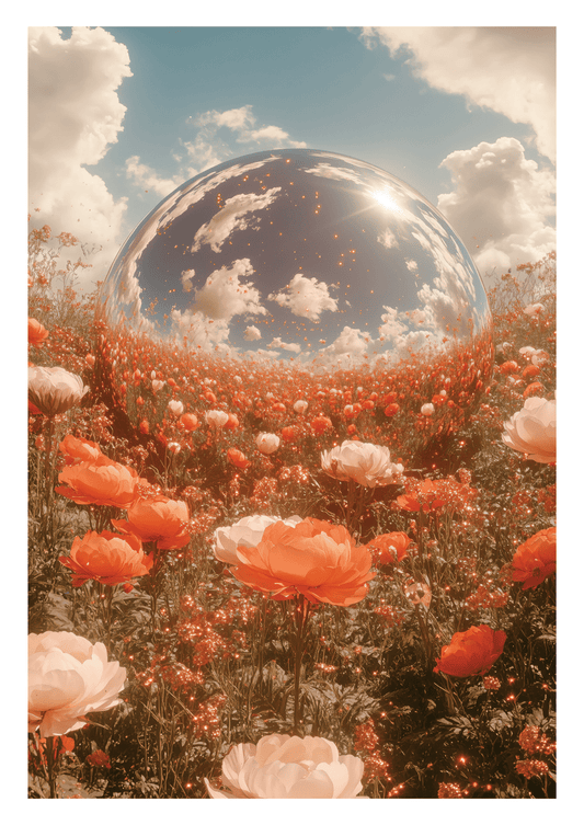 Affiche murale botanique représentant un champ de coquelicot avec une boule miroir au milieu des fleurs.