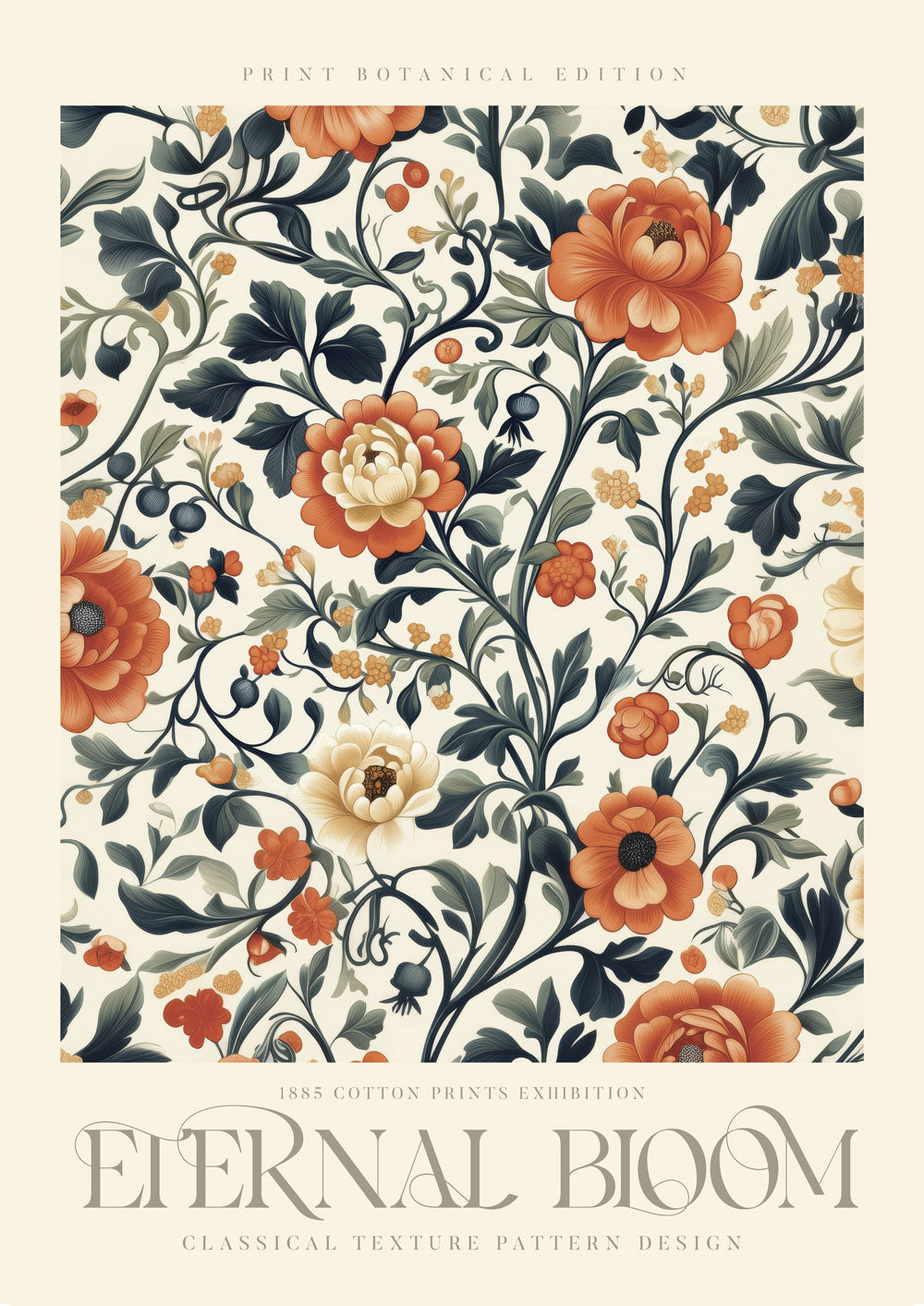 Affiche murale william morris de fleurs crème, orange et vert sur fond clair avec le titre "Eternal bloom".